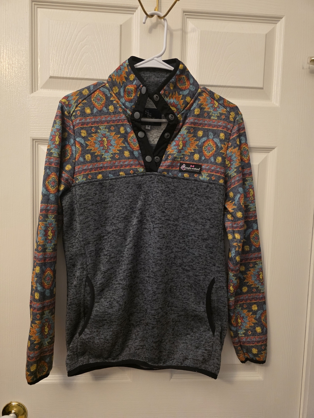 Simply Southern Small Aztec Southwestern Snap Pullover Sweater Gray